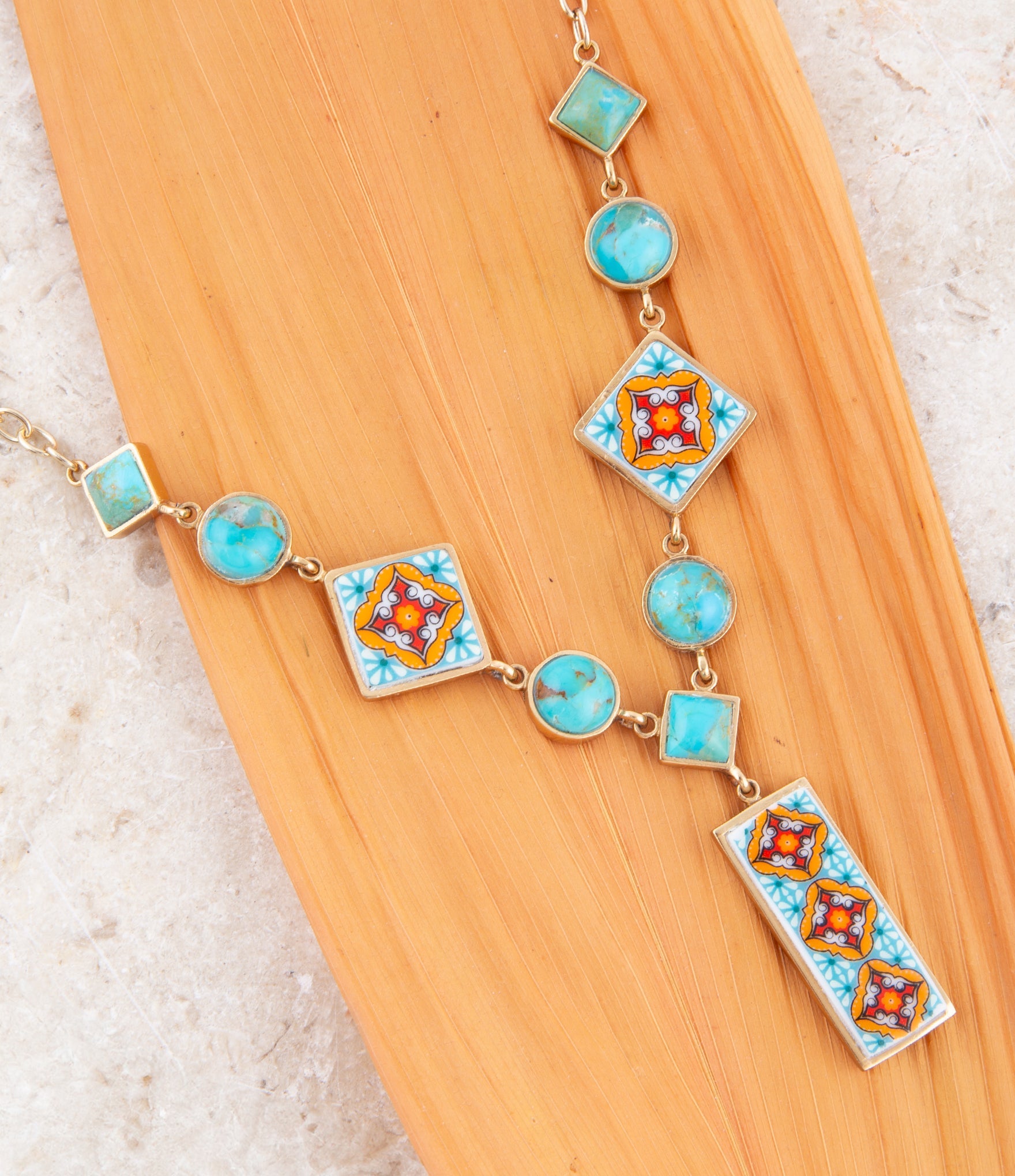 Talavera Tile and Blue Turquoise Golden Y-Neck Necklace