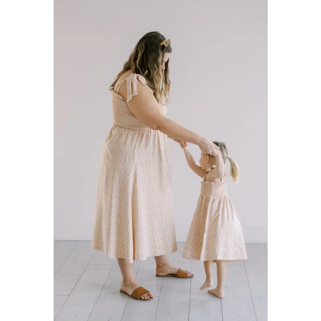 Day Dress with Shoulder Ties and Smocked Bodice
