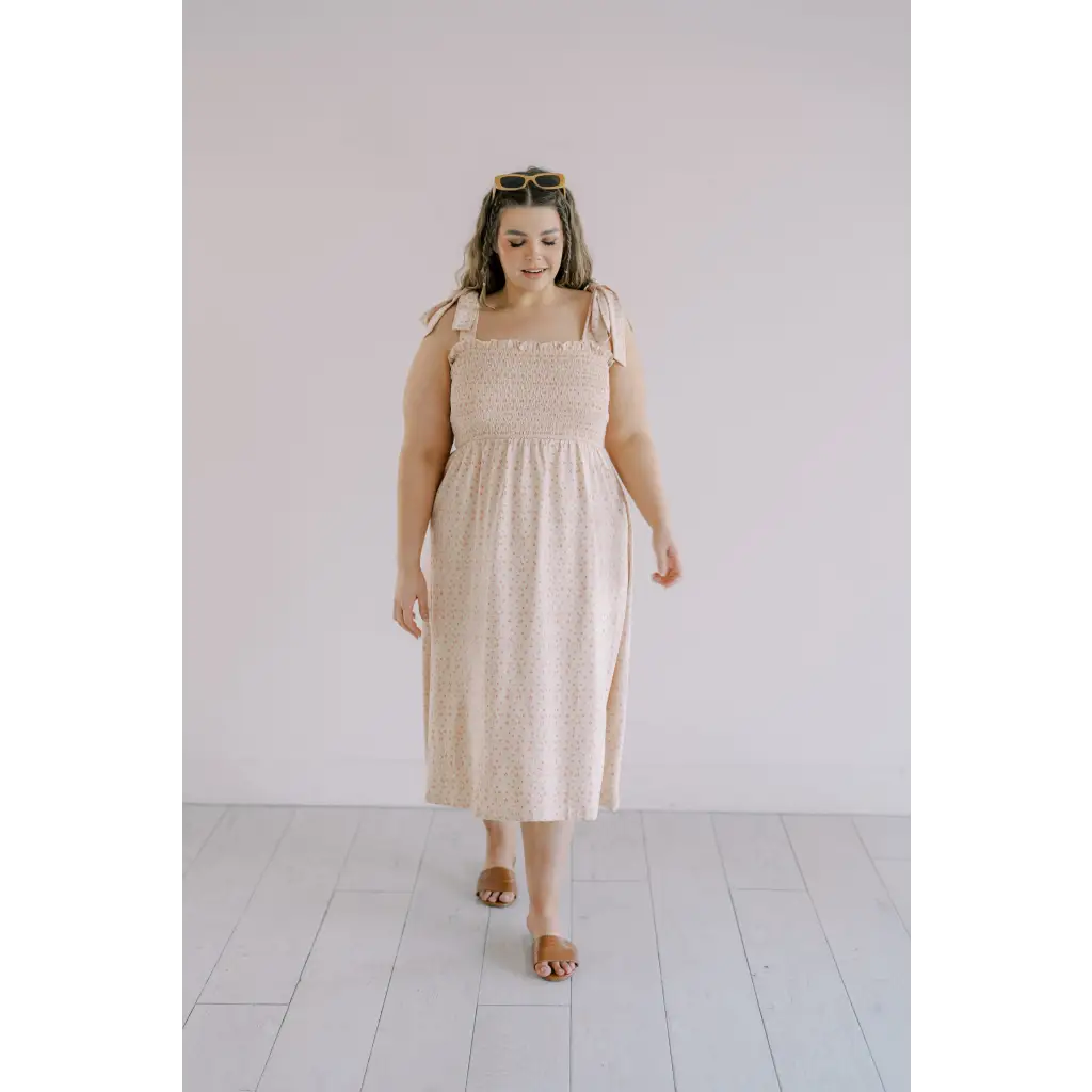 Day Dress with Shoulder Ties and Smocked Bodice