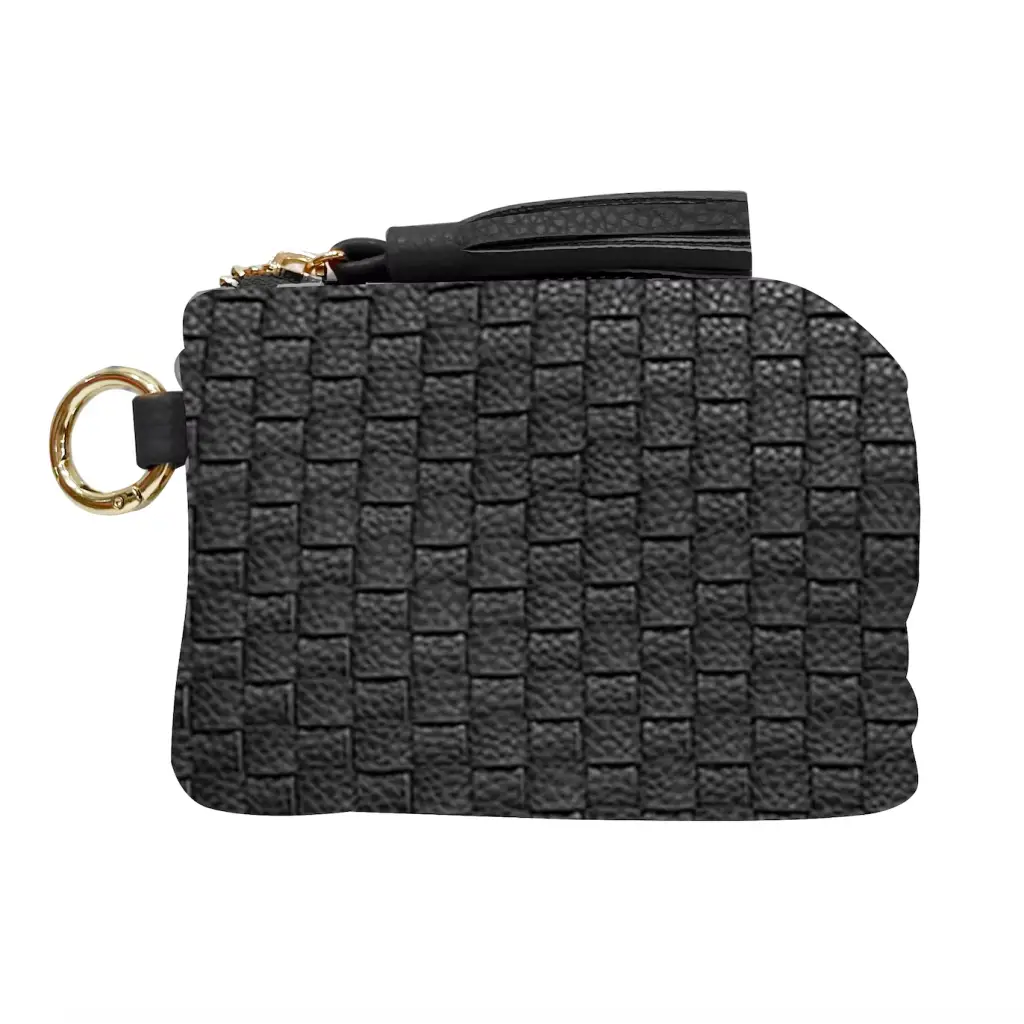 Devin Coin Purse in Black Woven Leather with Tassel