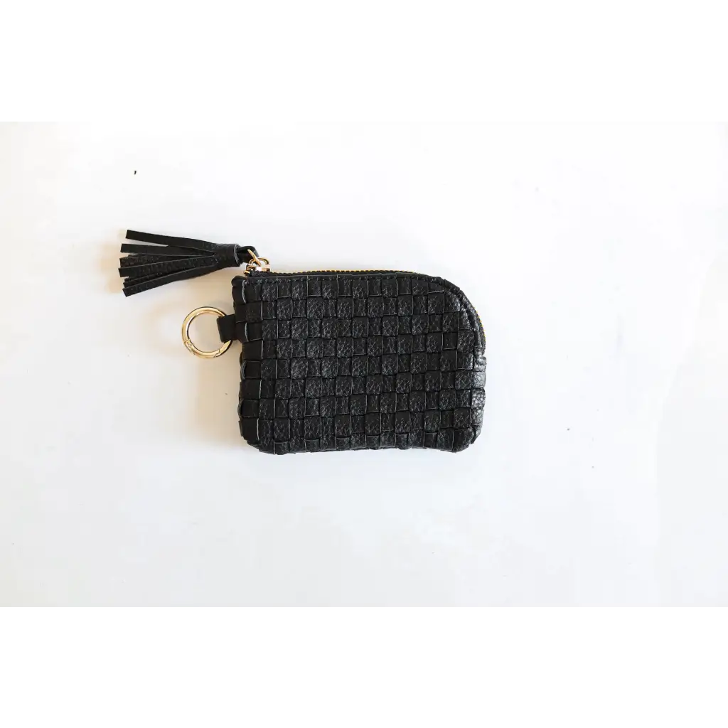 Devin Coin Purse in Black Woven Leather with Tassel