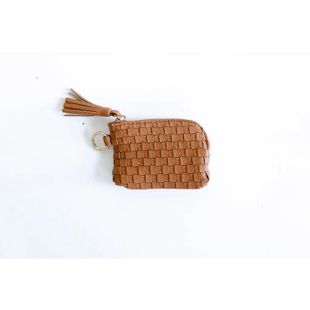 Devin Coin Purse in Brown Woven Leather with Tassel