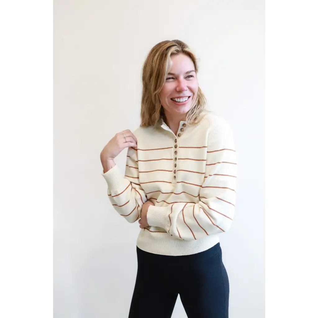 Ellen Henley Sweater in Cream with Brown Stripes