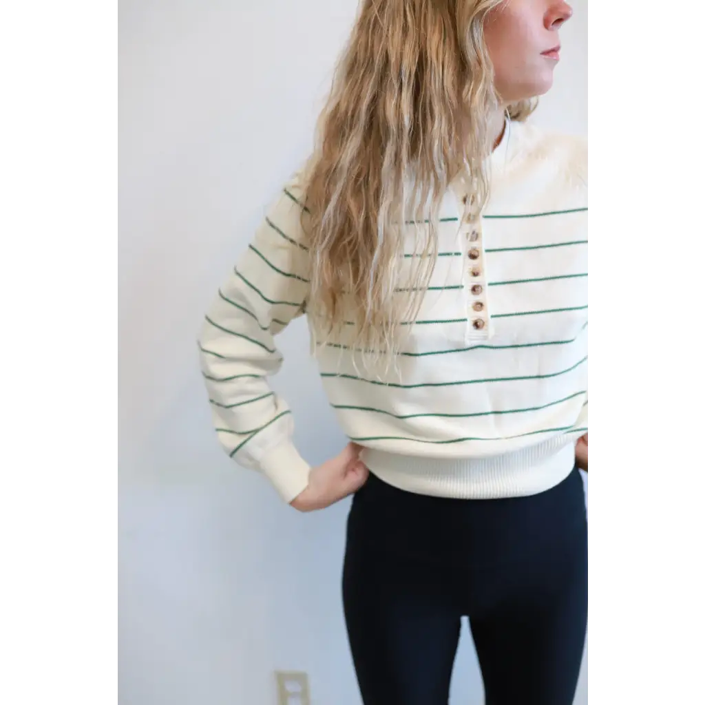 Ellen Henley Sweater in Cream with Green Stripes