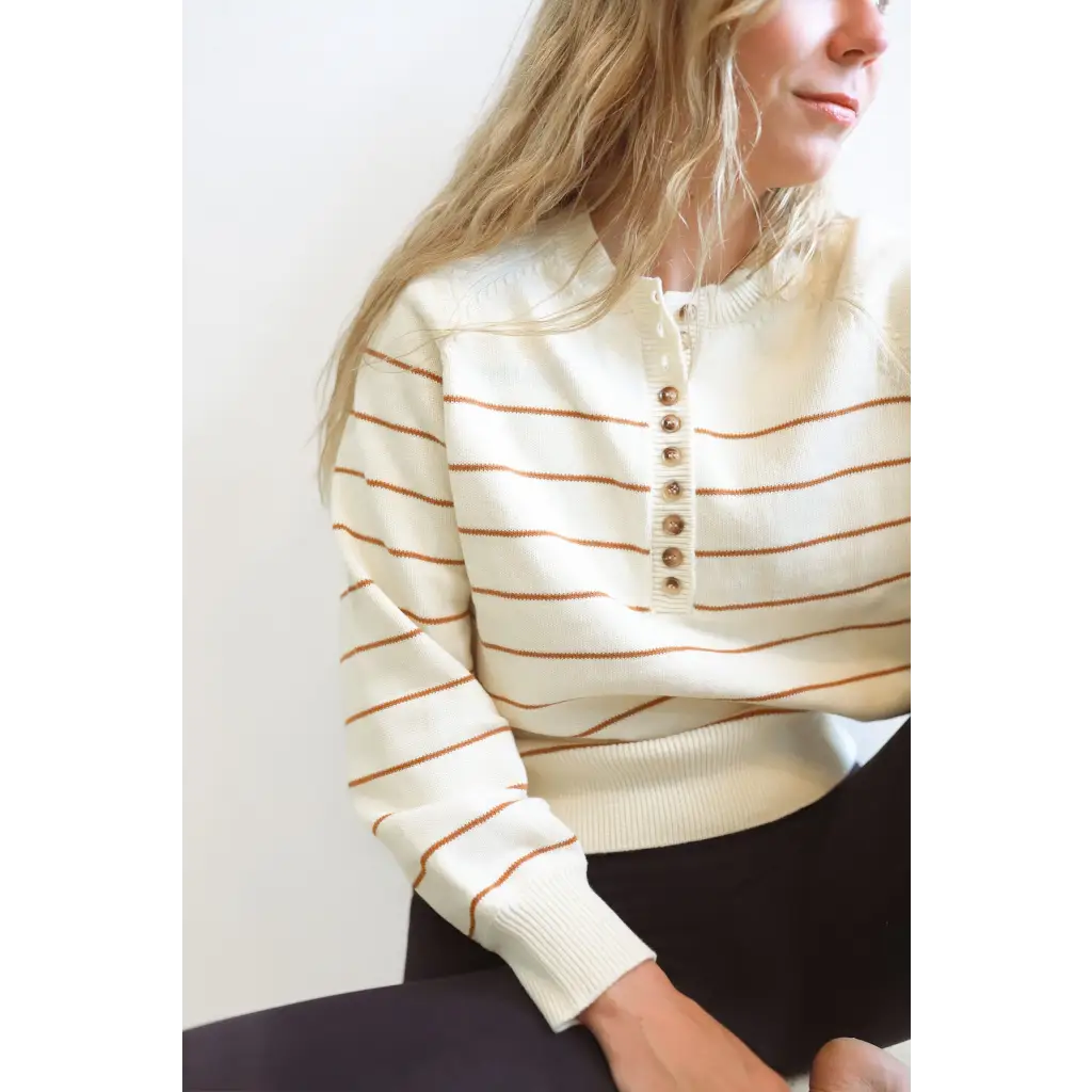 Ellen Henley Sweater in Cream with Brown Stripes