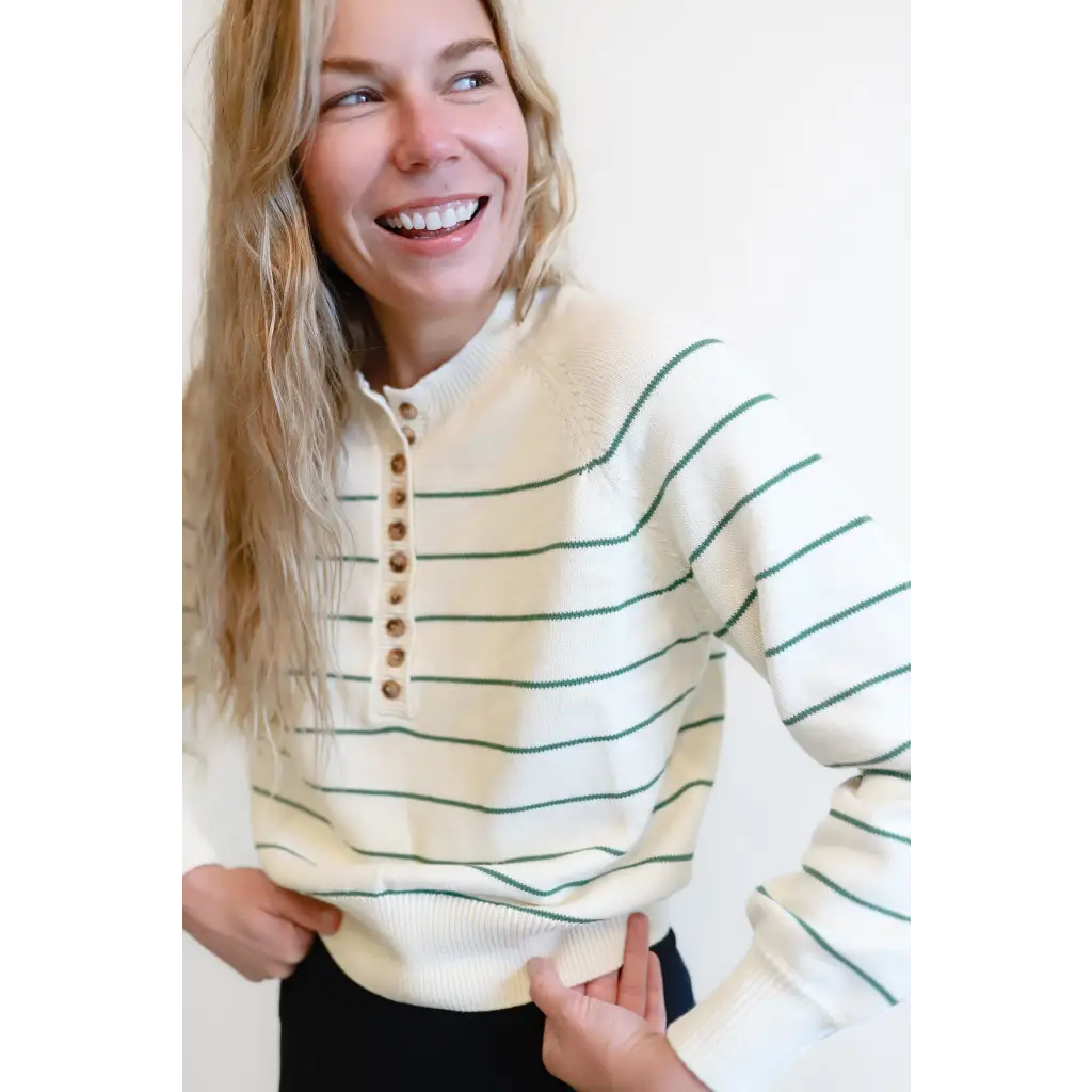 Ellen Henley Sweater in Cream with Green Stripes