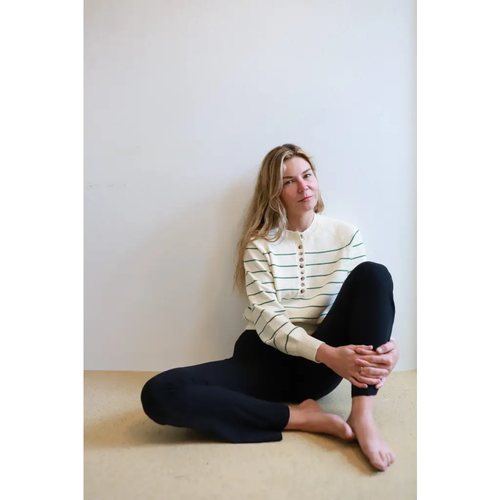 Ellen Henley Sweater in Cream with Green Stripes