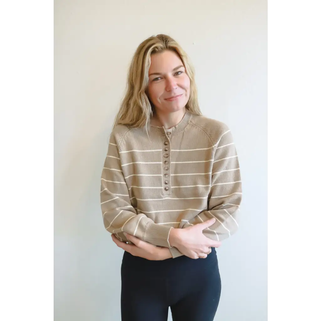Ellen Henley Sweater in Beige with White Stripes
