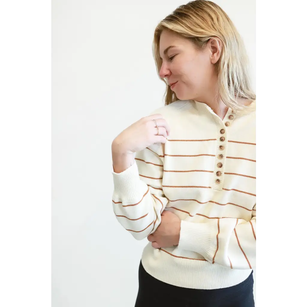 Ellen Henley Sweater in Cream with Brown Stripes