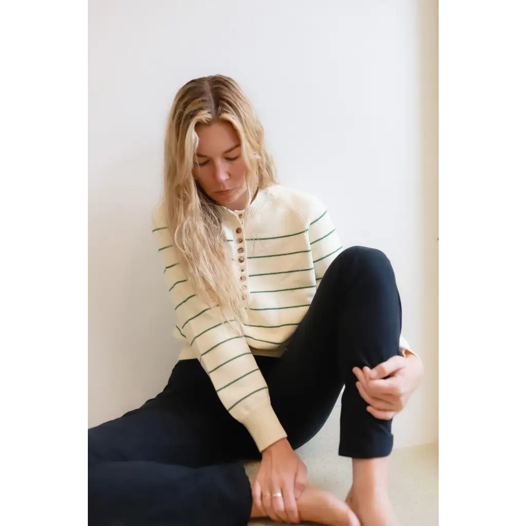 Ellen Henley Sweater in Cream with Green Stripes