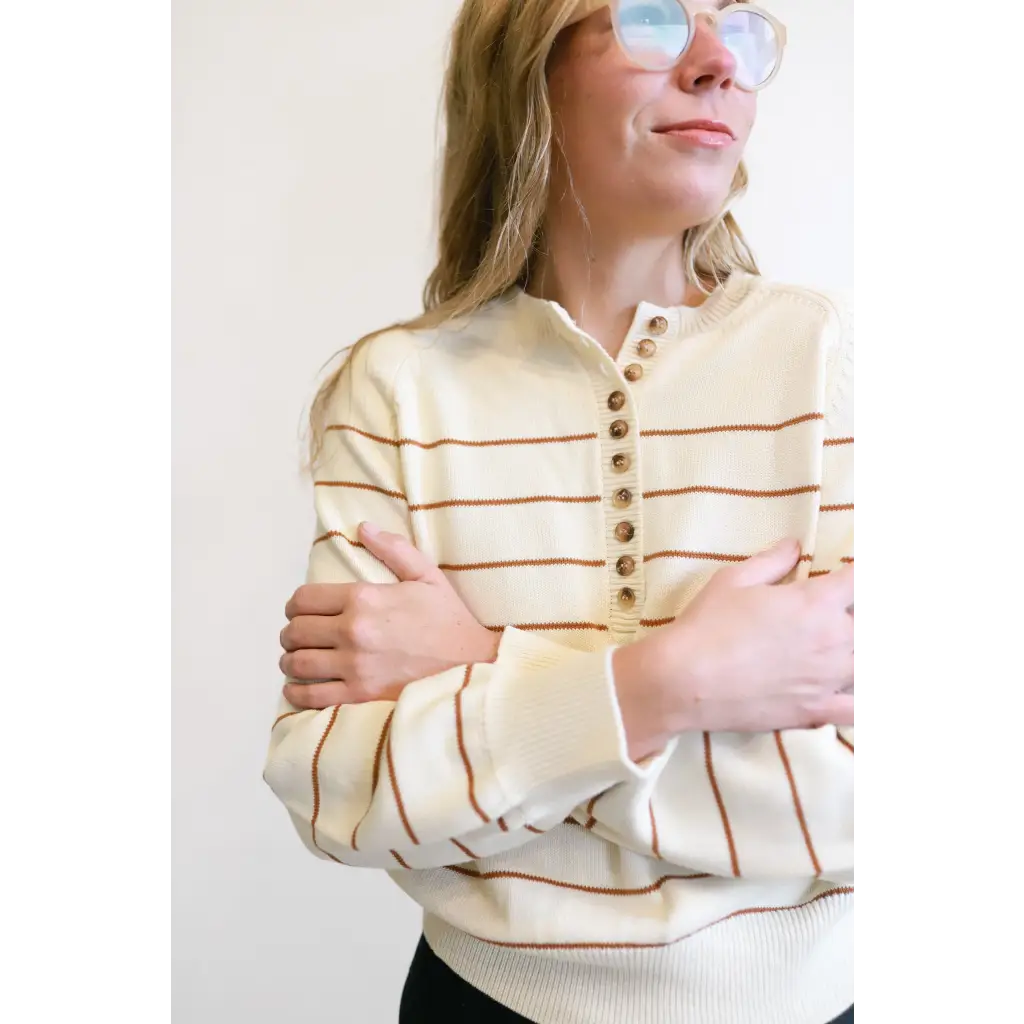 Ellen Henley Sweater in Cream with Brown Stripes