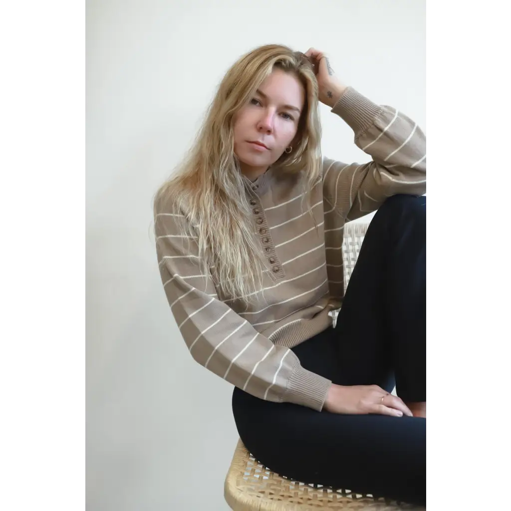 Ellen Henley Sweater in Beige with White Stripes