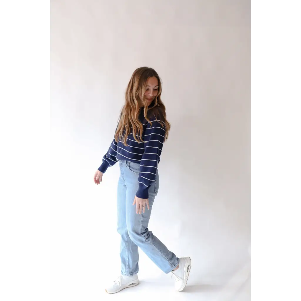 Ellen Henley Sweater in Navy with White Stripes