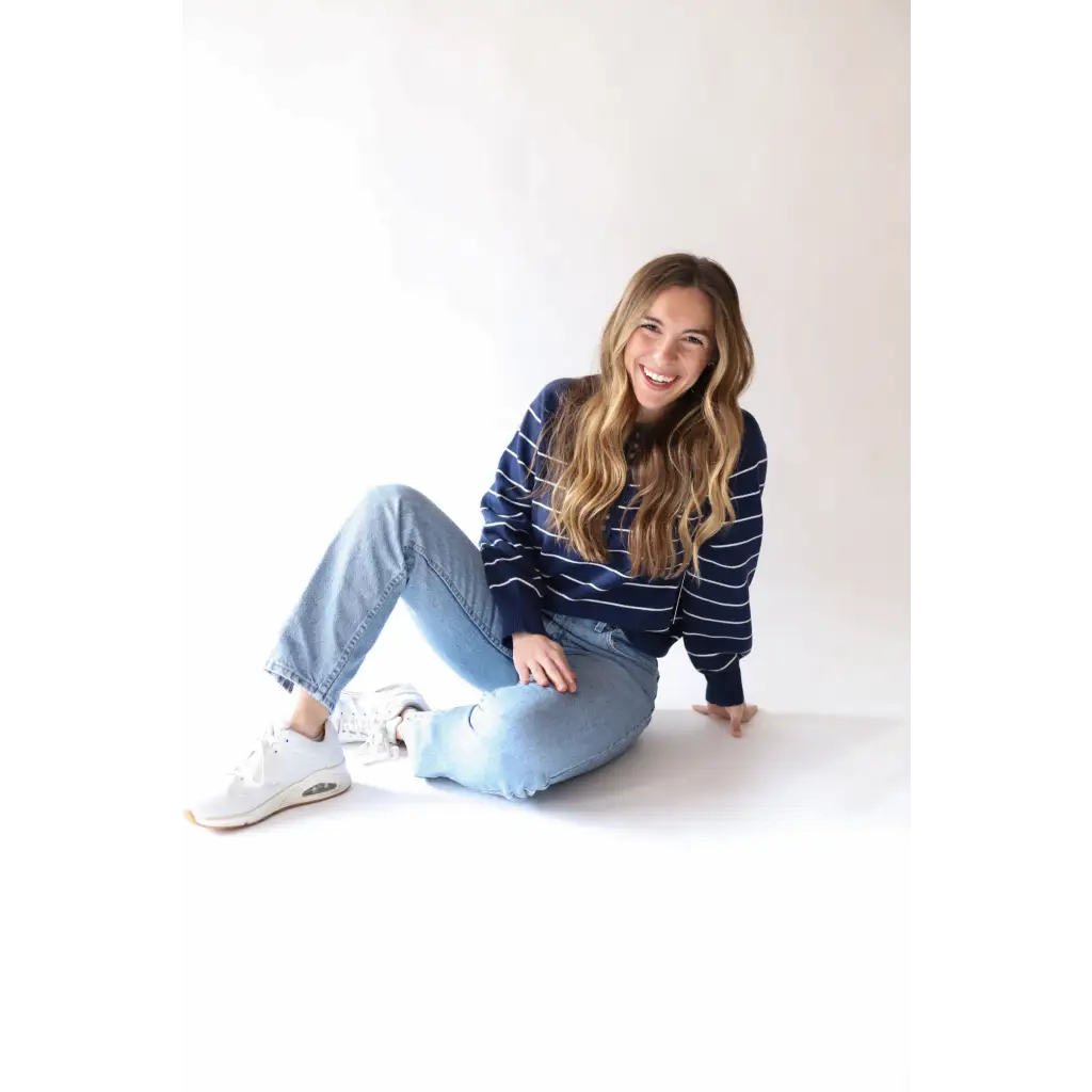 Ellen Henley Sweater in Navy with White Stripes