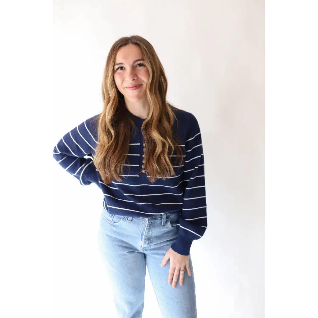 Ellen Henley Sweater in Navy with White Stripes