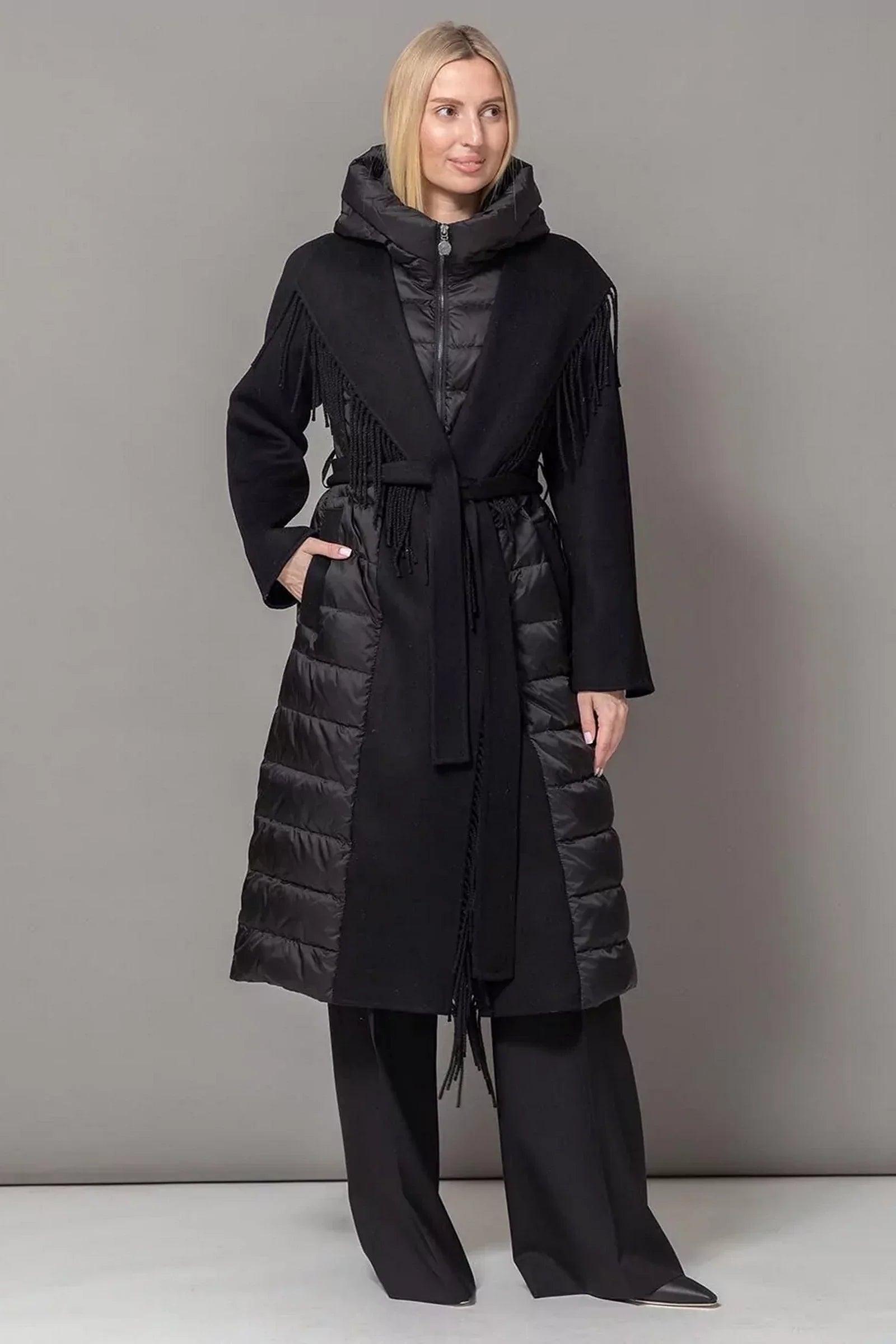 Kennedy Fringe Luxe Down Wool Blend Coat in Black