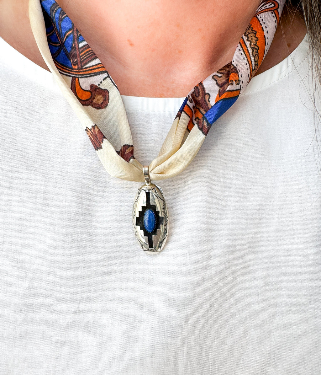 Dark Blue Lapis Pendant on Silk Scarf Necklace