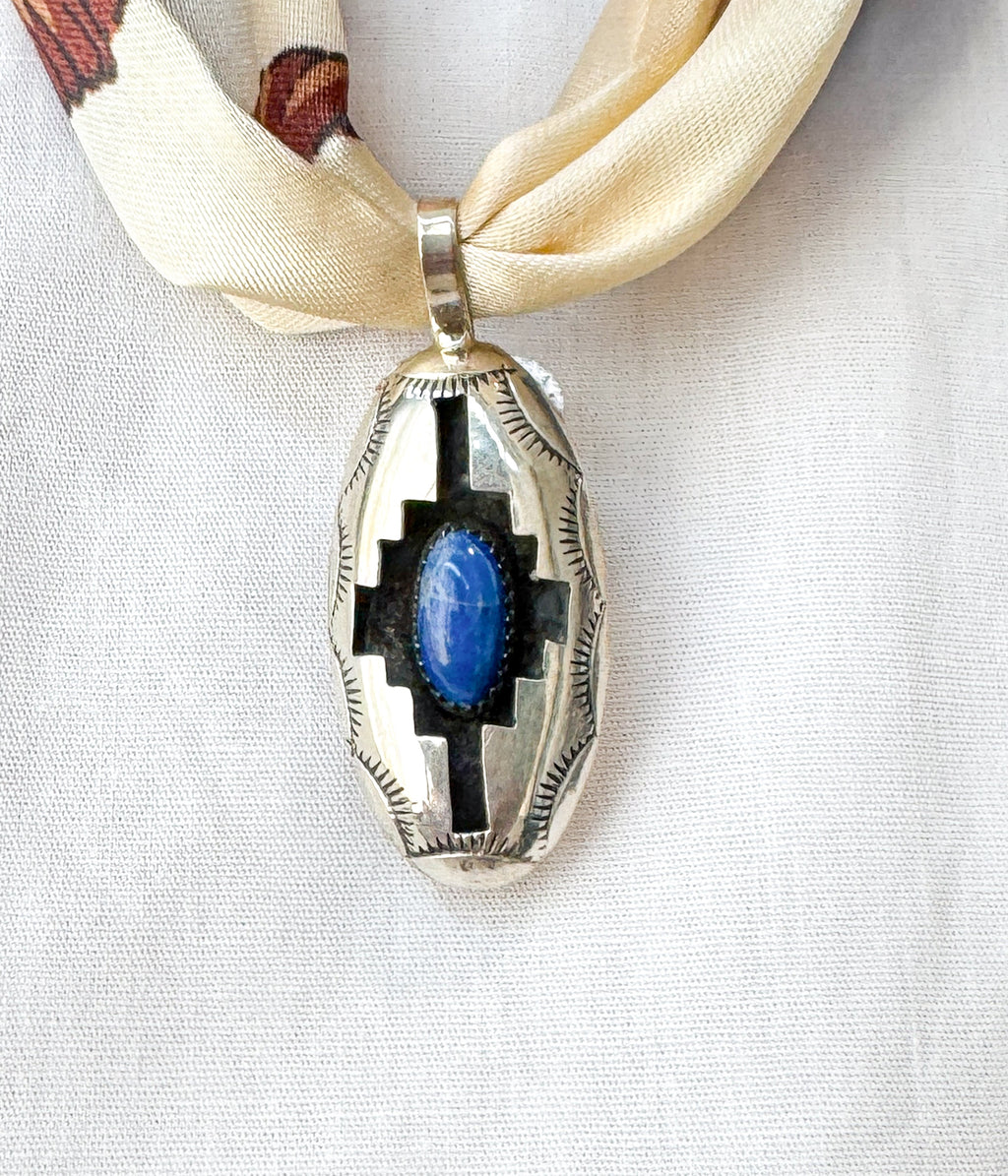 Dark Blue Lapis Pendant on Silk Scarf Necklace
