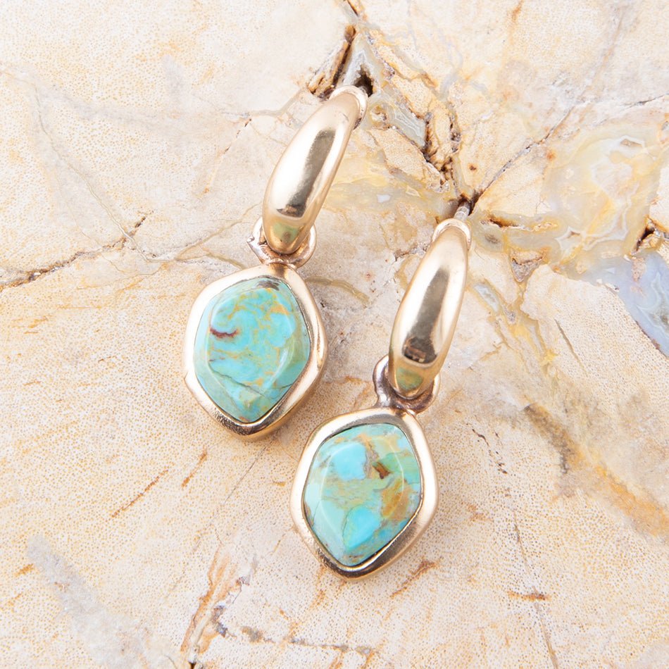 Blue Turquoise and Golden Bronze Half Hoop Earrings