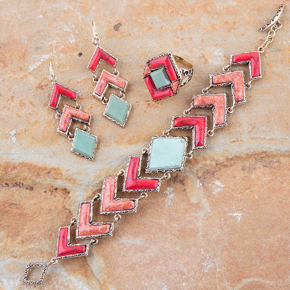 Turquoise and Coral Tapestry Drop Earrings