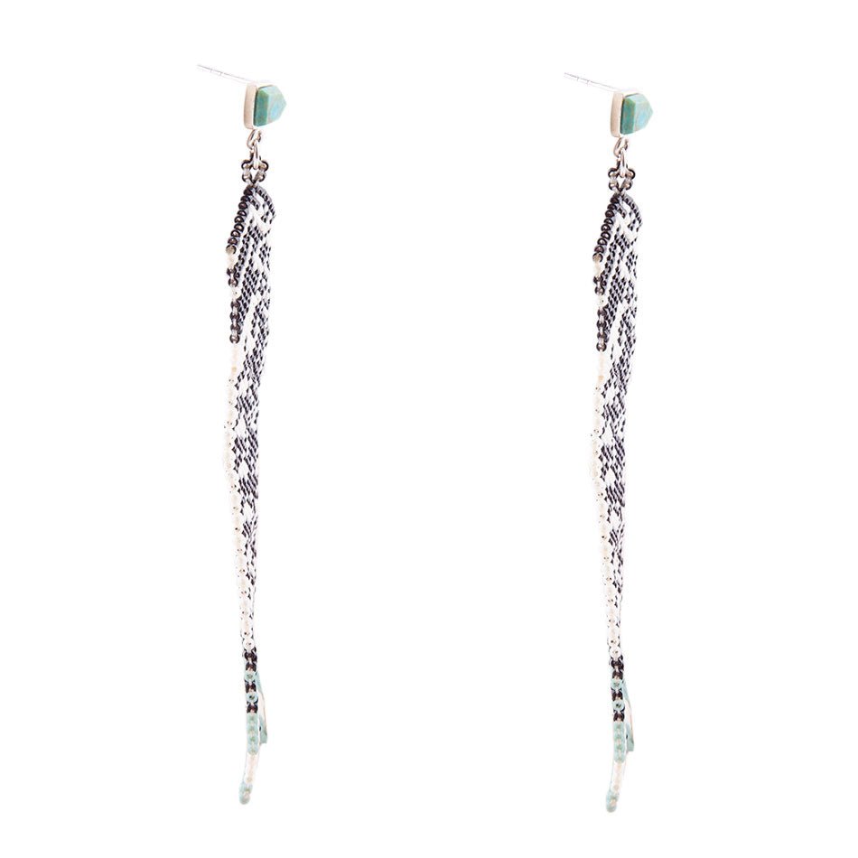 Turquoise Long Woven Seed Bead Earrings