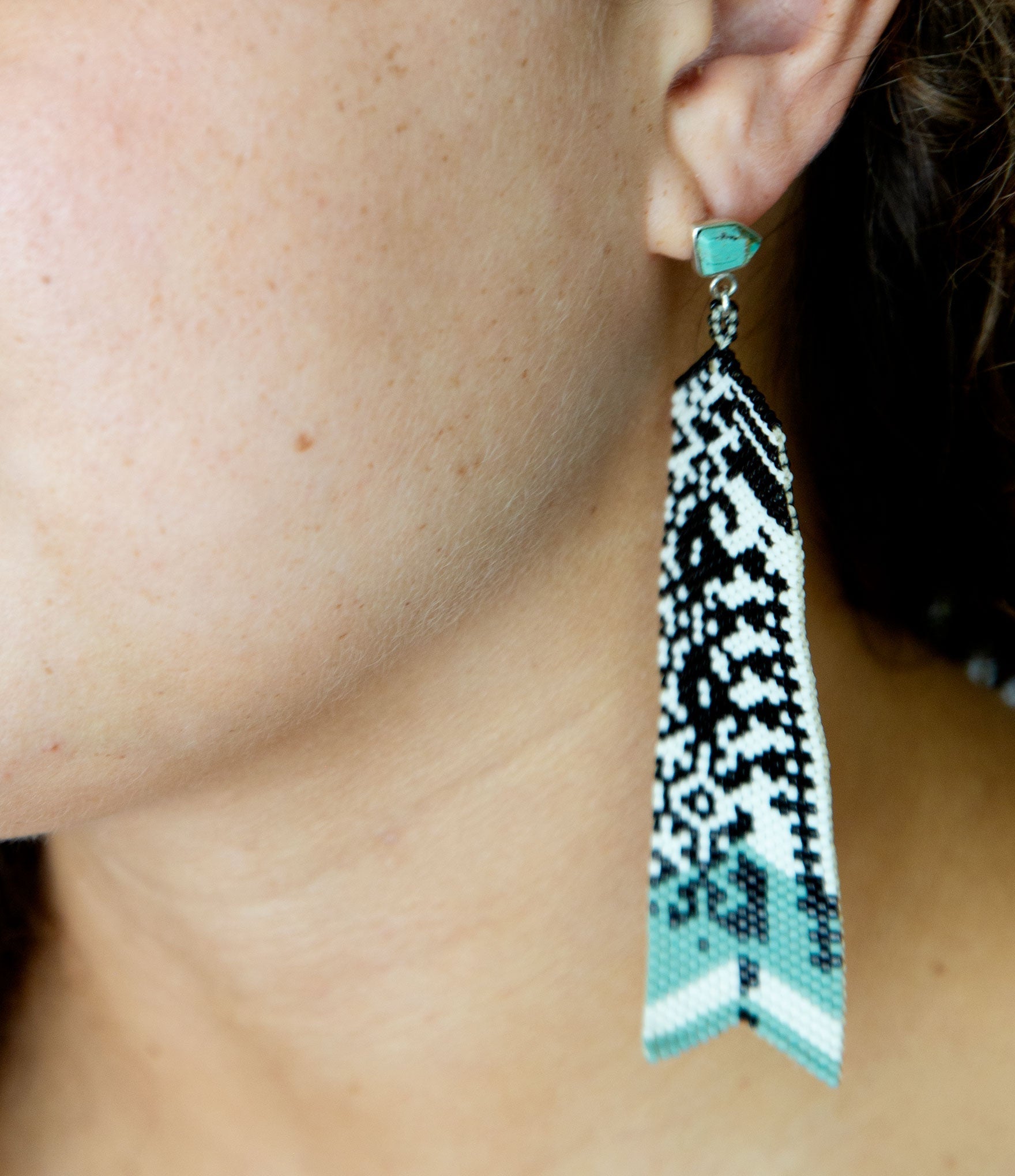 Turquoise Long Woven Seed Bead Earrings