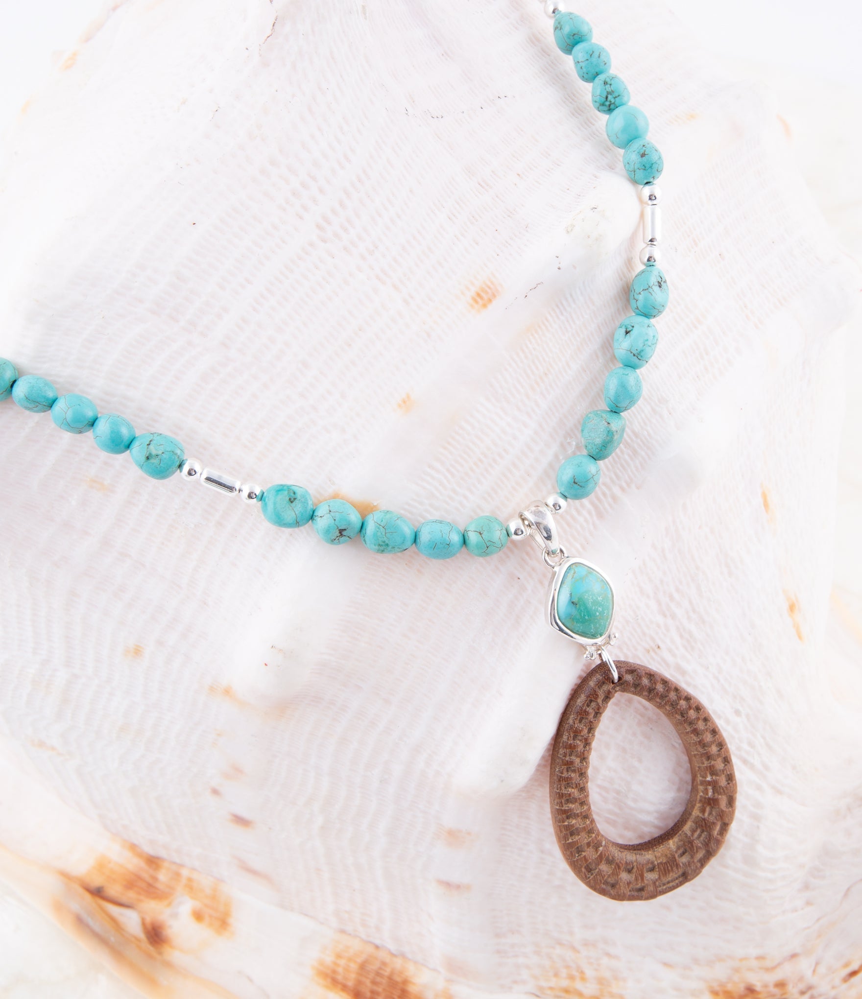 Blue Turquoise and Brown Woven Wood Pendant Sterling Silver Necklace