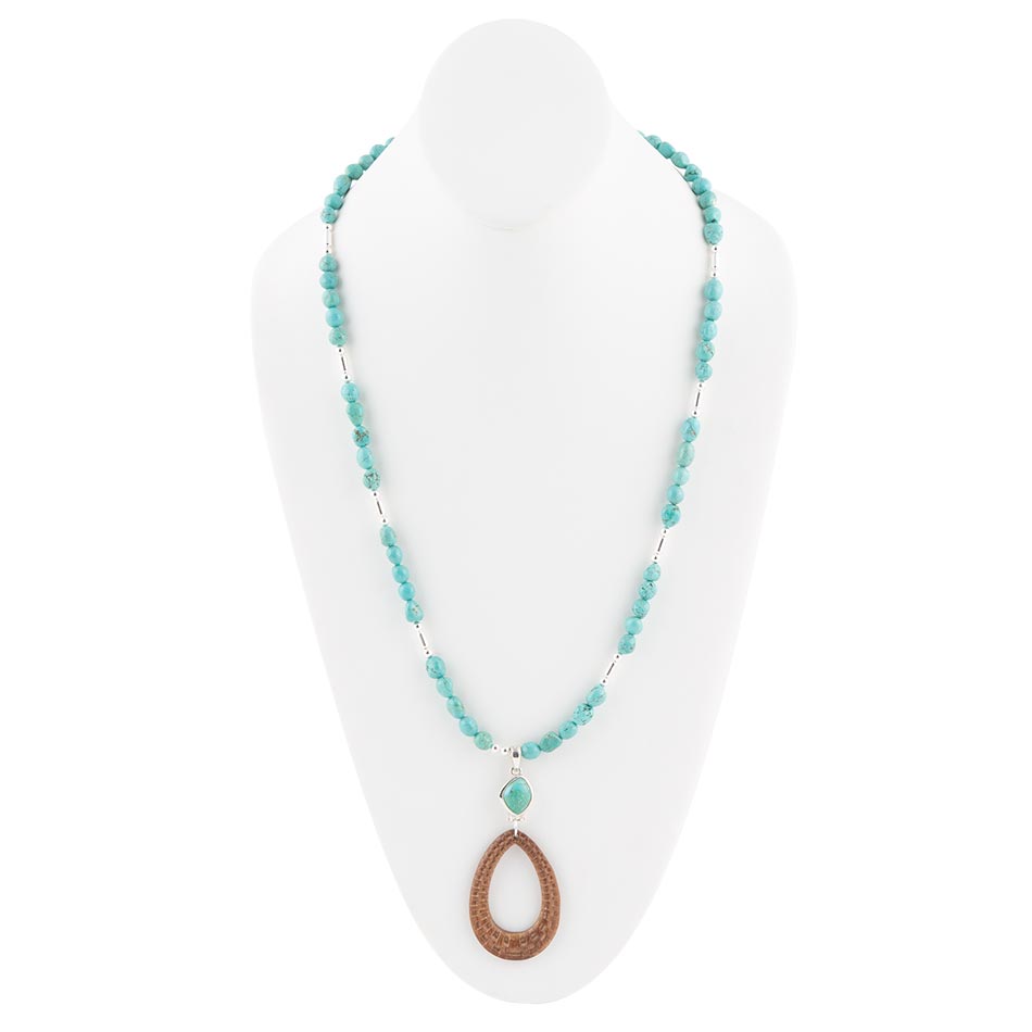 Blue Turquoise and Brown Woven Wood Pendant Sterling Silver Necklace