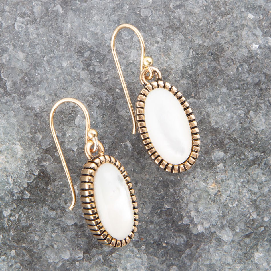 White Mother of Pearl Oval Golden Drop Earrings