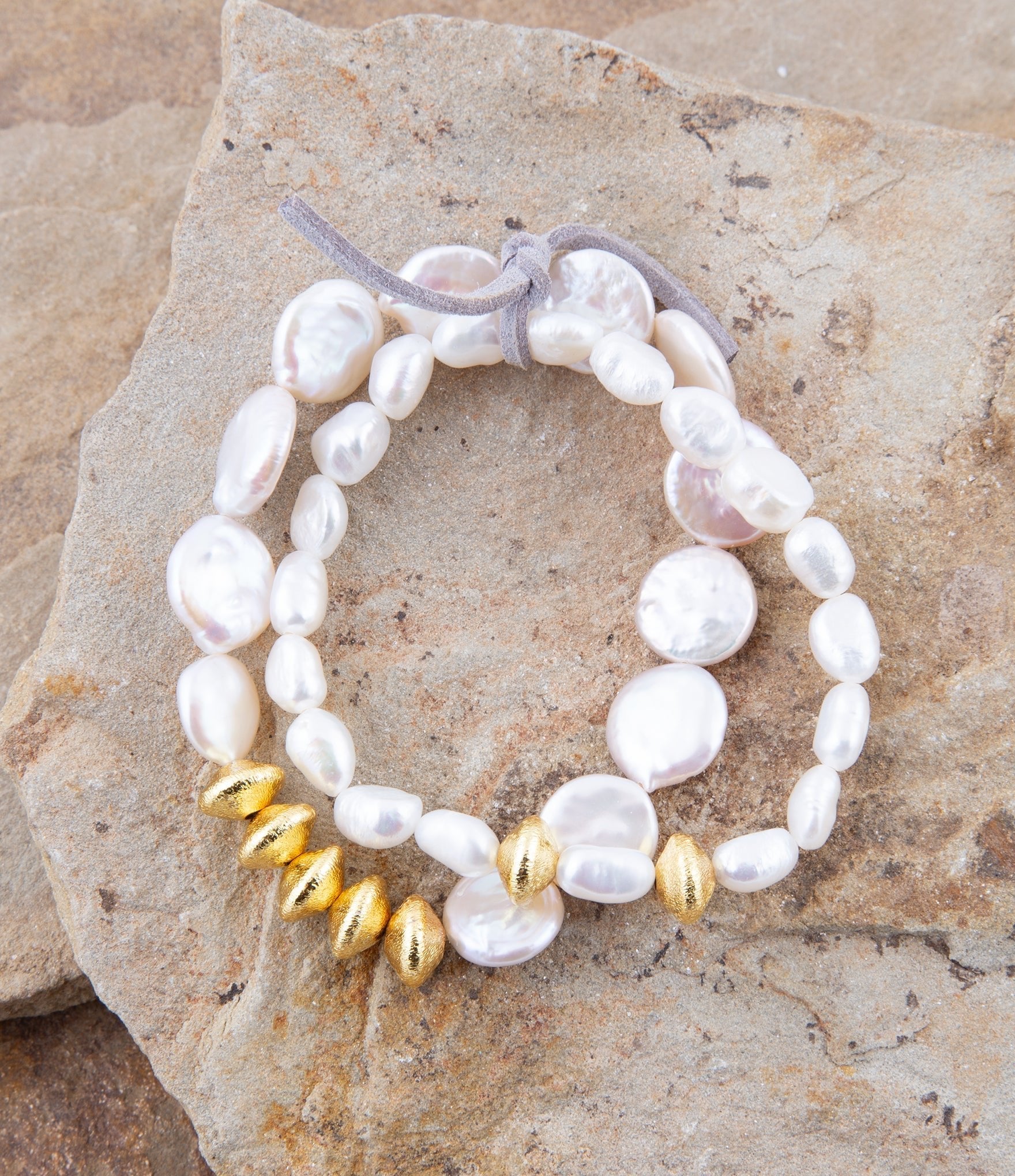 White Pearl Golden Stretch Bracelet Set