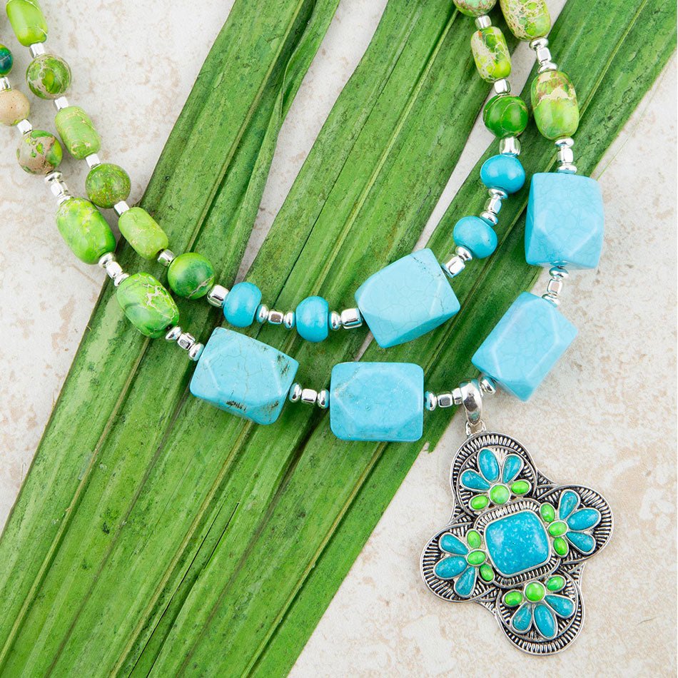 Zion Lime Green and Blue Turquoise and Sterling Silver Statement Necklace